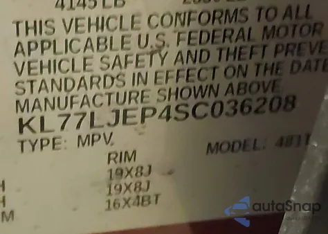 2025 Chevrolet Trax Fwd 2Rs from USA, damaged, VIN KL77LJEP4SC036208